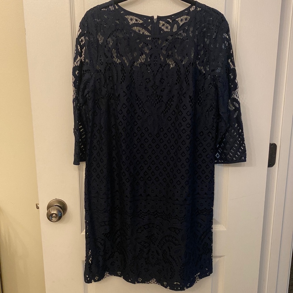 Navy blue lace shift dress 3/4 inch sleeve Loft